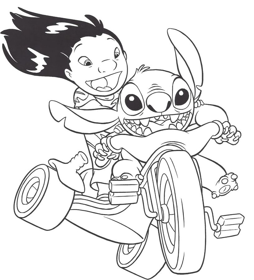 Desenho de Stitch Ciclismo Com Lilo para colorir