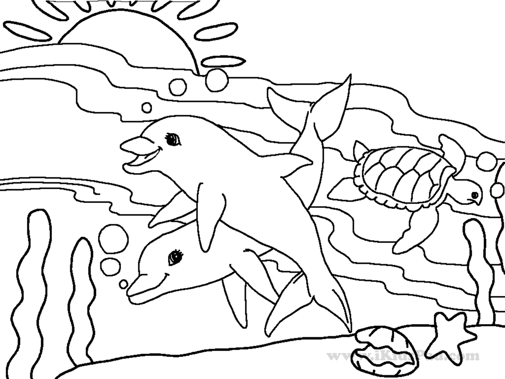 Desenho deNado com Golfinhos e Tartarugas para colorir