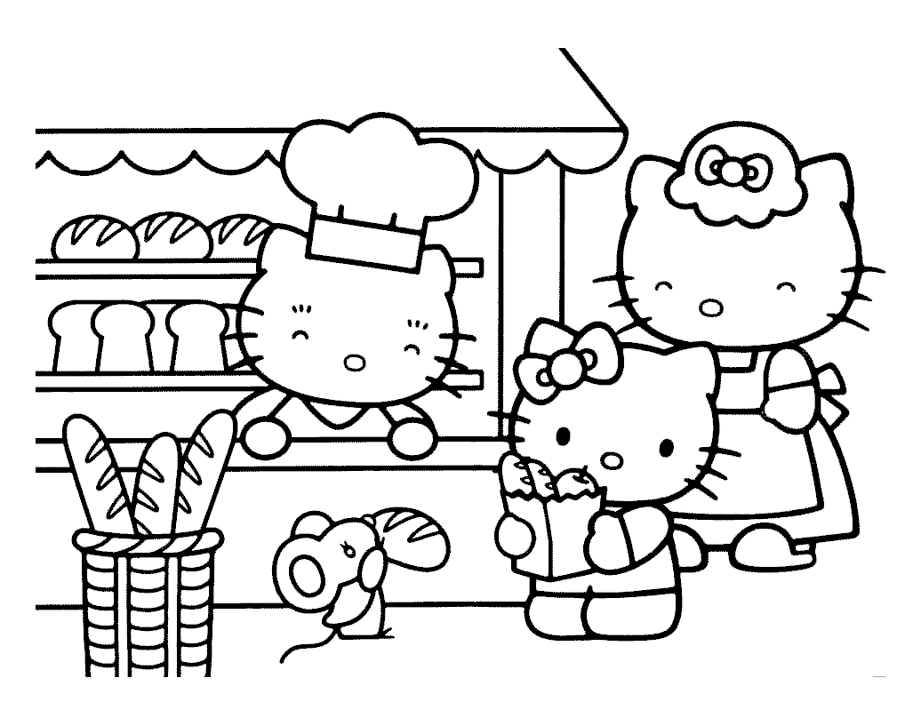 Desenho de Olá Gatinho Comprar Pão para colorir