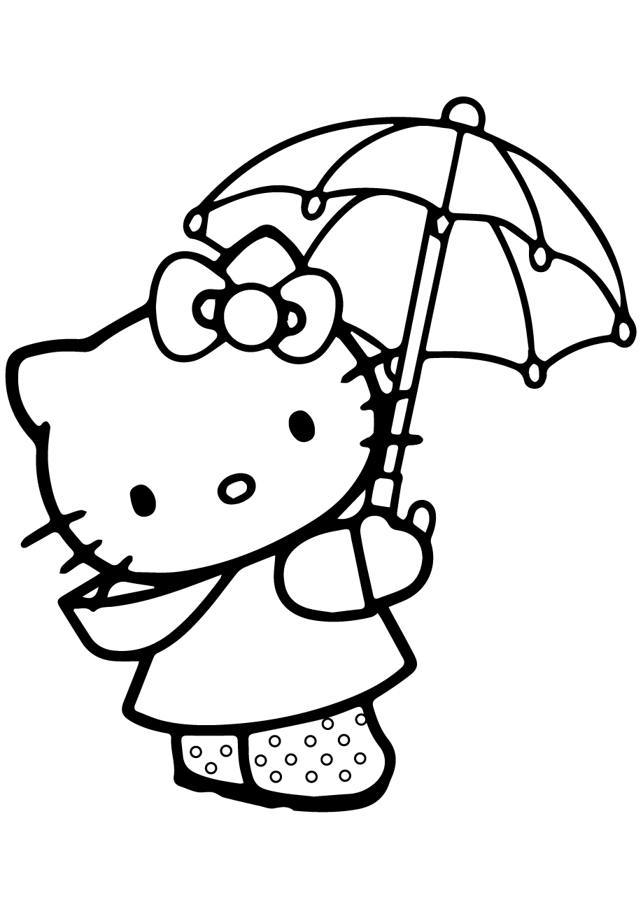 Desenho de Olá Gatinho com Guarda Chuva para colorir