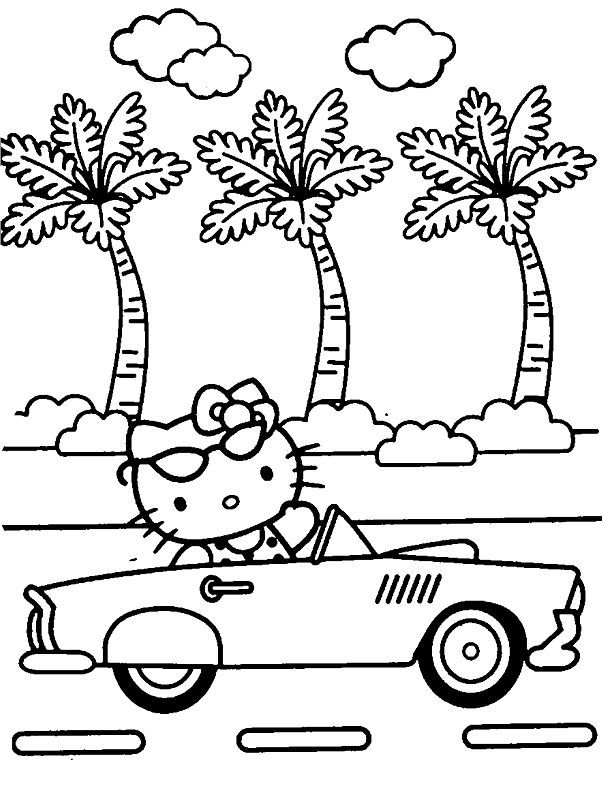 Desenho de Olá Gatinho Está Dirigindo um Belo Carro para colorir