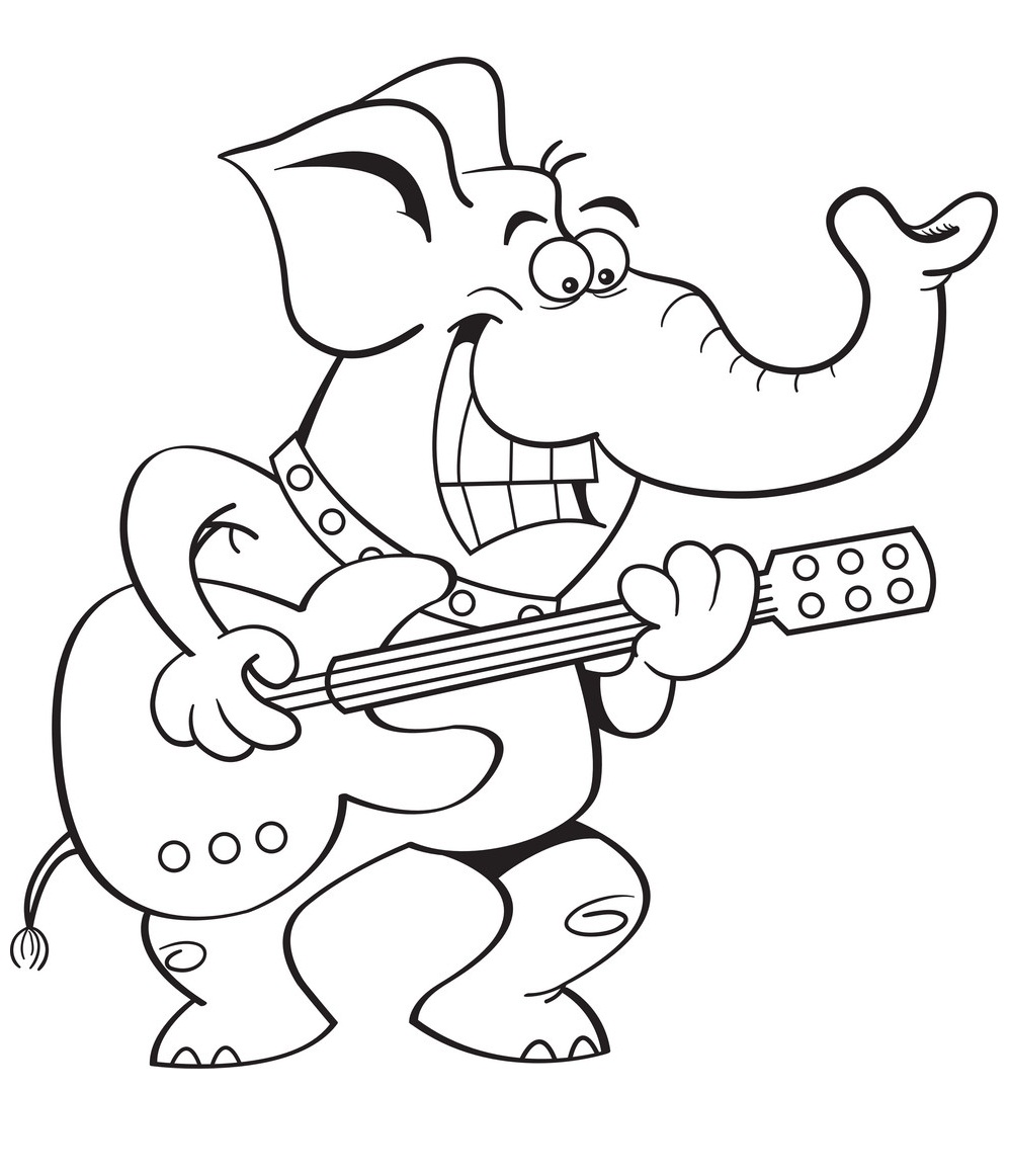 Desenho deElefante Tocando Guitarra para colorir