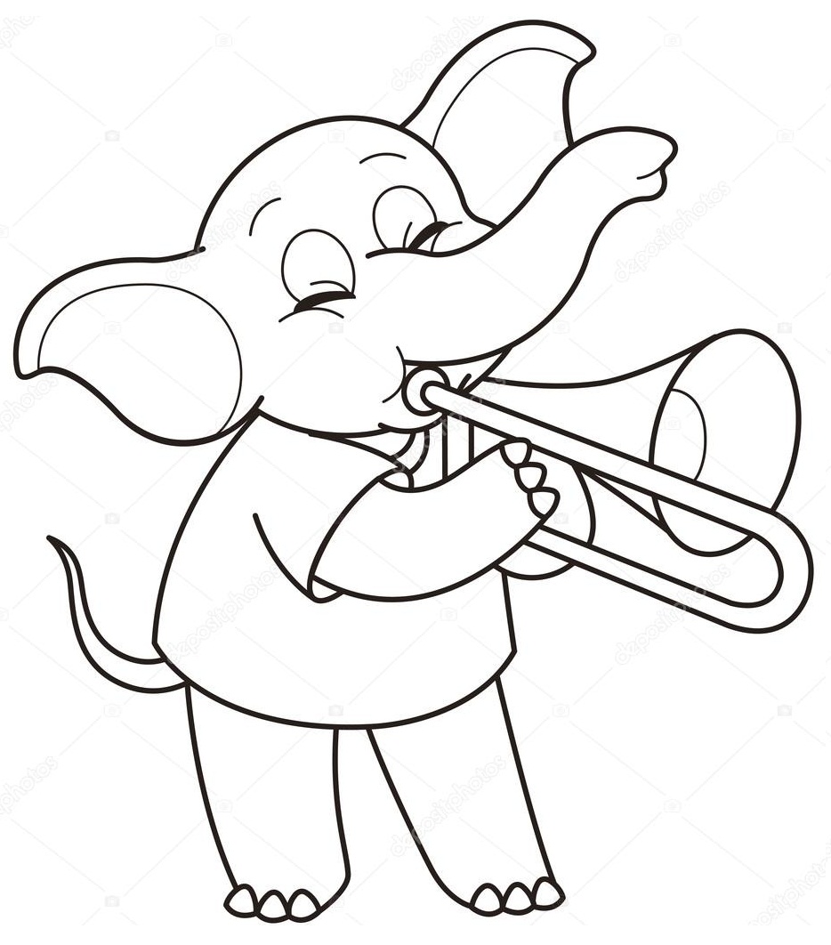 Desenho de Elefante Tocando Trompete para colorir