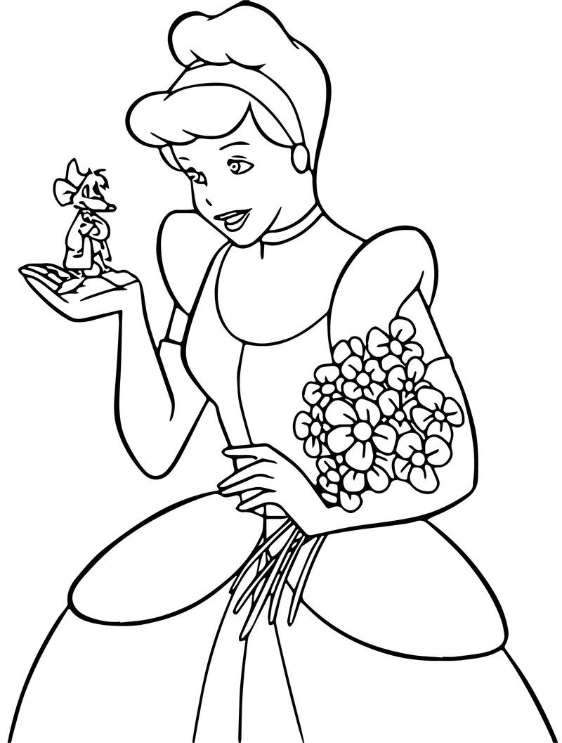 Desenho deCinderela Está Segurando Flores para colorir