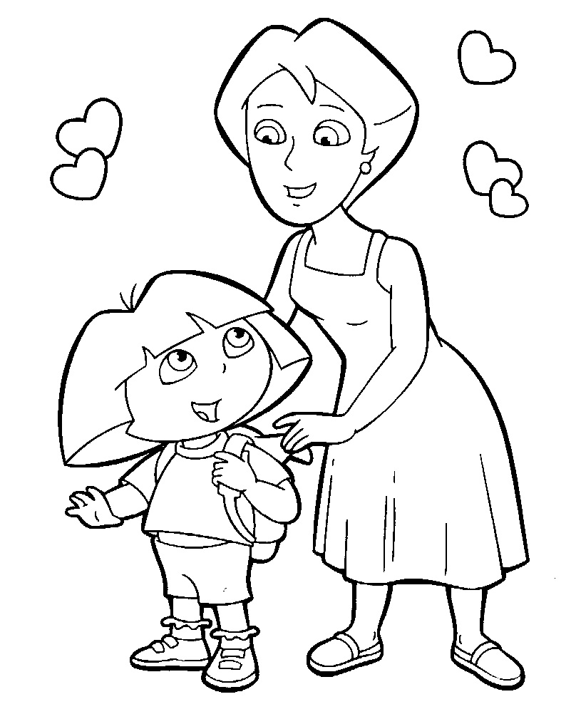 Desenho de Dora e Mãe para colorir