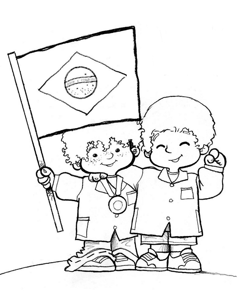 Desenho de2 Meninos com Bandeira do Brasil para colorir