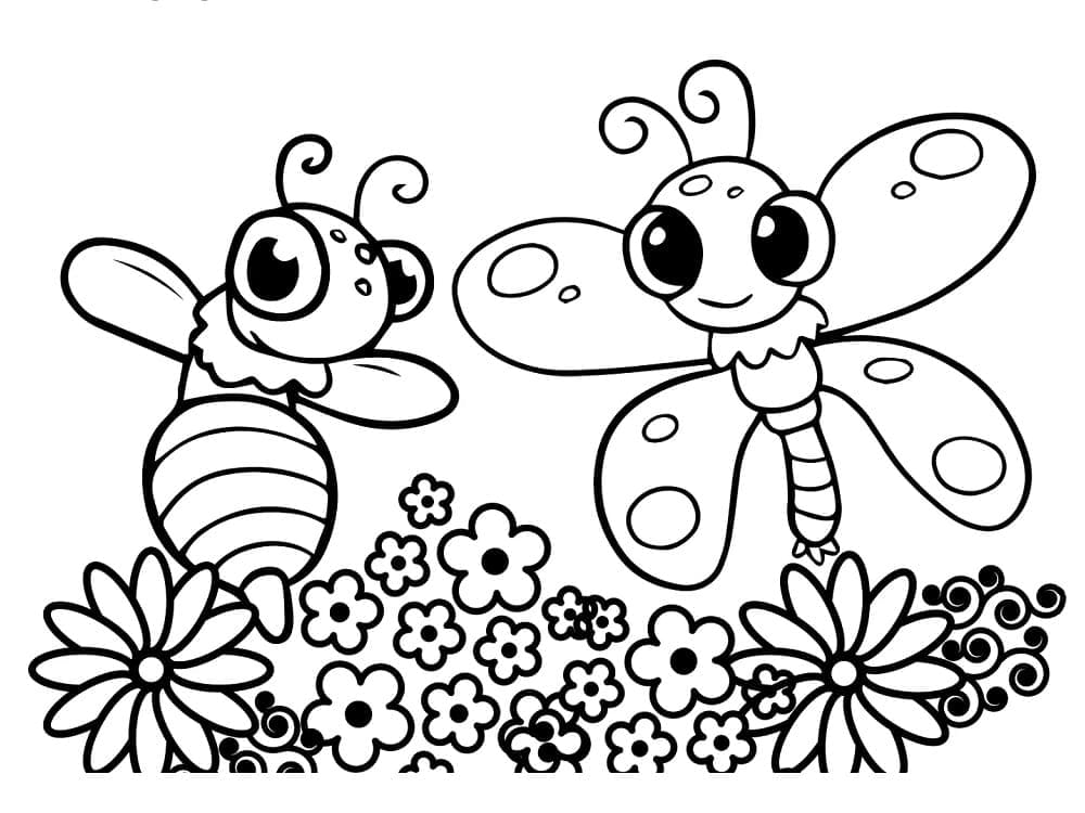 Desenho deAbelha e Borboleta Fofas para colorir