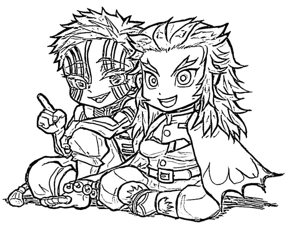 Desenho deAkaza e Kyojuro Rengoku Chibi para colorir