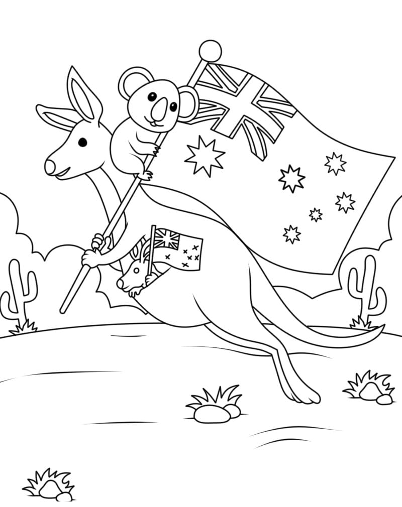 Desenho deAnimais e Bandeira da Australia para colorir