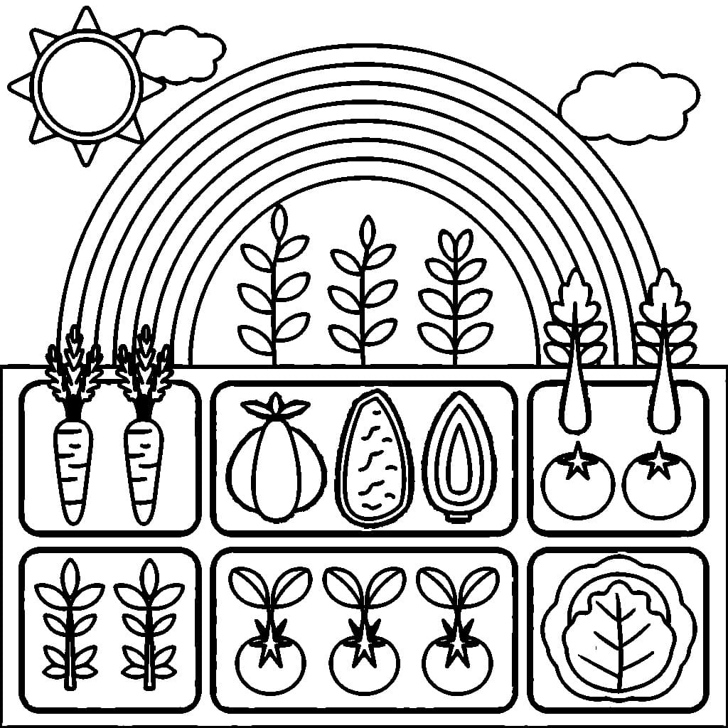 Desenho deArco-íris e Horta para colorir