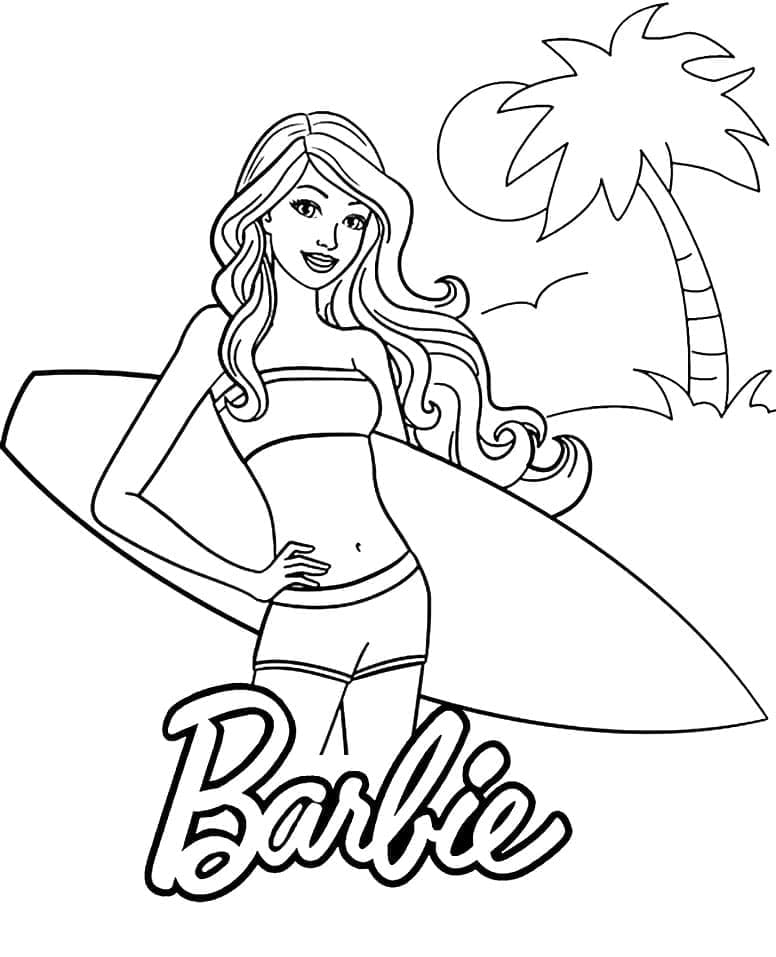 Desenho deBarbie com Prancha de Surf para colorir