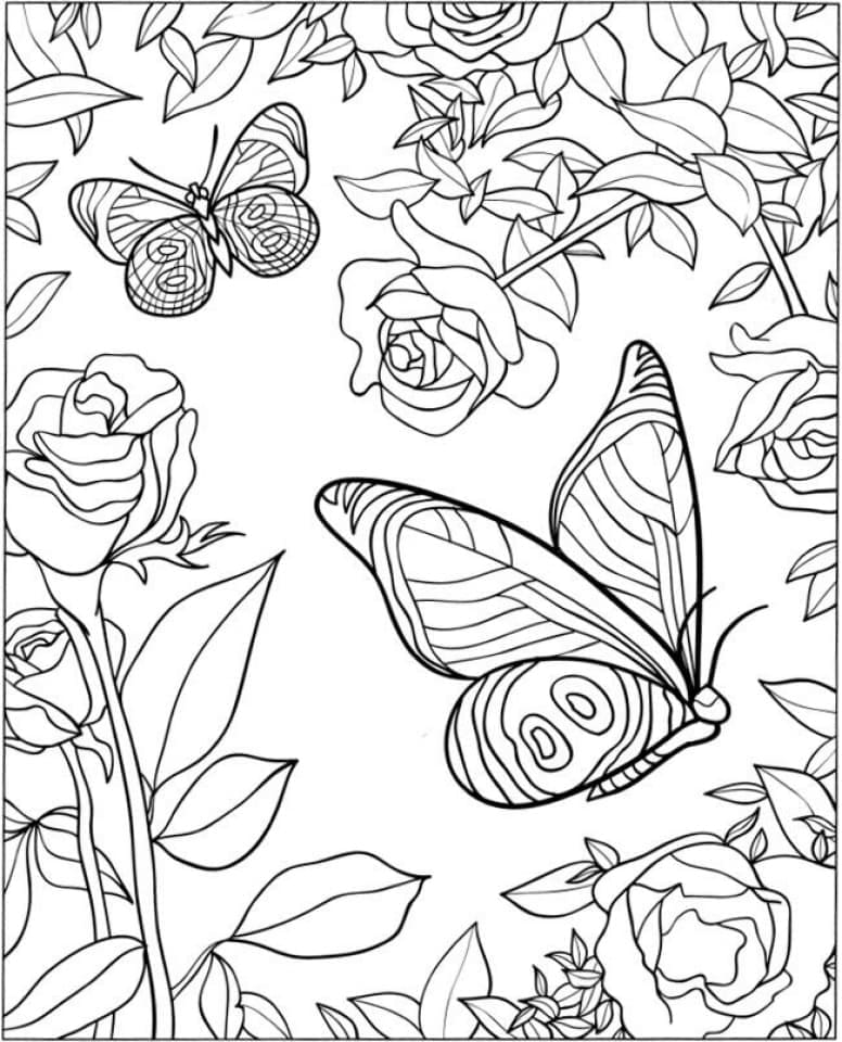 Desenho deBorboletas e Rosas para colorir