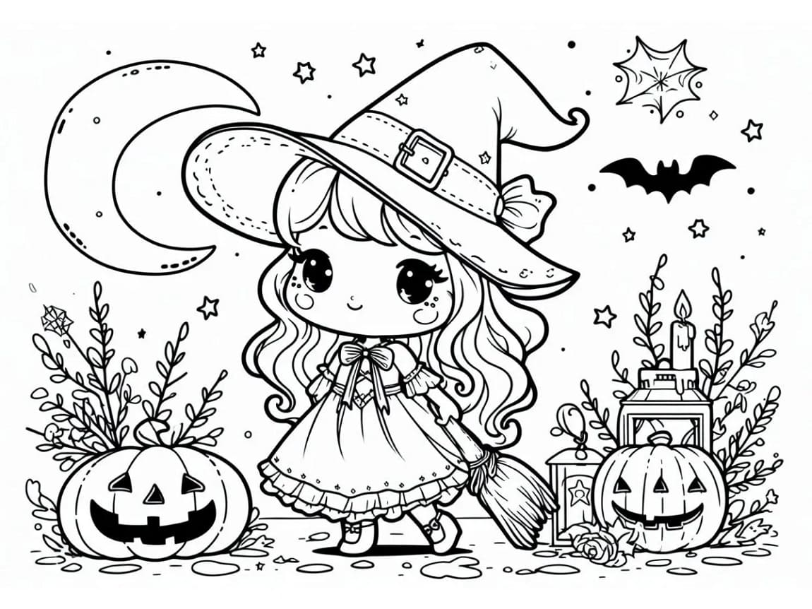 Desenho de Bruxa de Halloween Kawaii para colorir