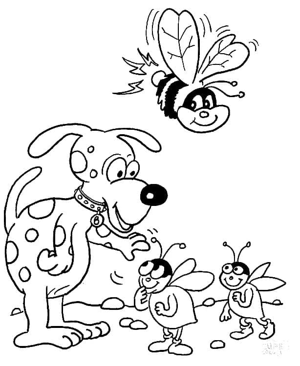 Desenho de Cachorro e Abelhas para colorir