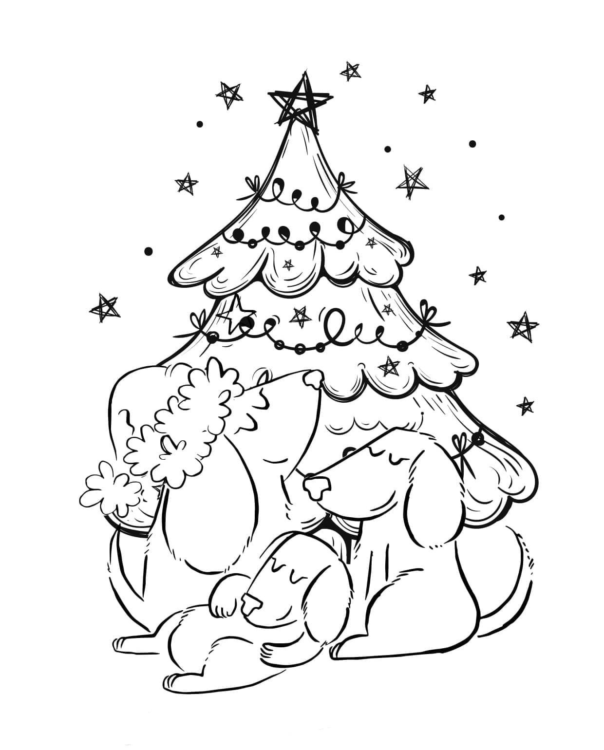 Desenho deCachorros e Árvore de Natal para colorir