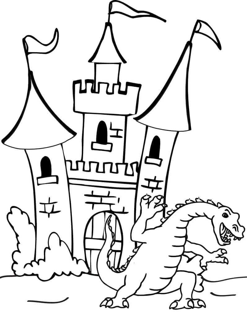 Desenho deCastelo e um Dragão para colorir