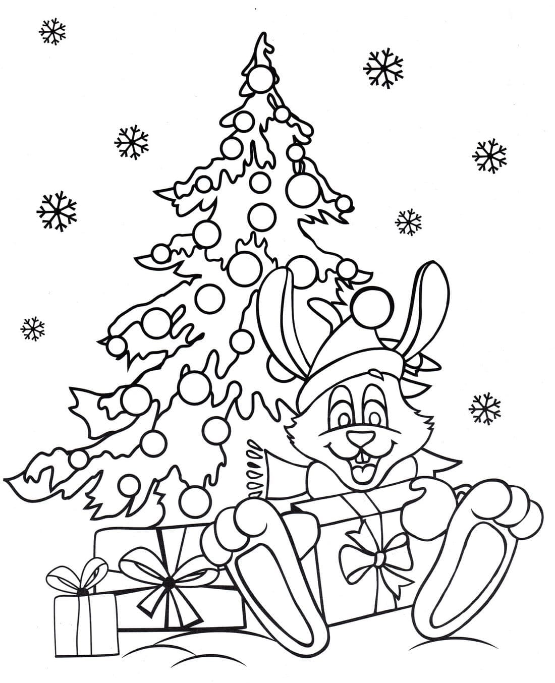 Desenho deCoelho e Árvore de Natal para colorir