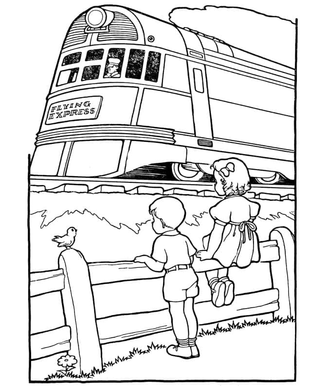 Desenho deCrianças Assistindo Trem para colorir