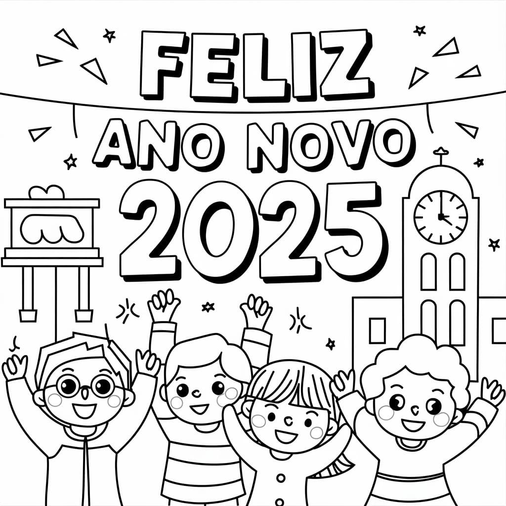 Desenho deCrianças Felizes no Ano Novo 2025 para colorir