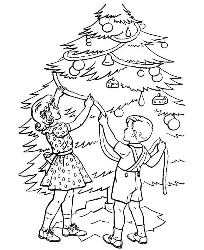 Desenho deCrianças com Árvore de Natal para colorir