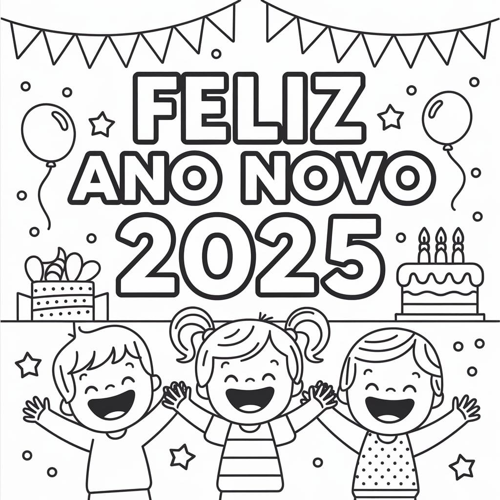 Desenho deCrianças no Ano Novo 2025 para colorir