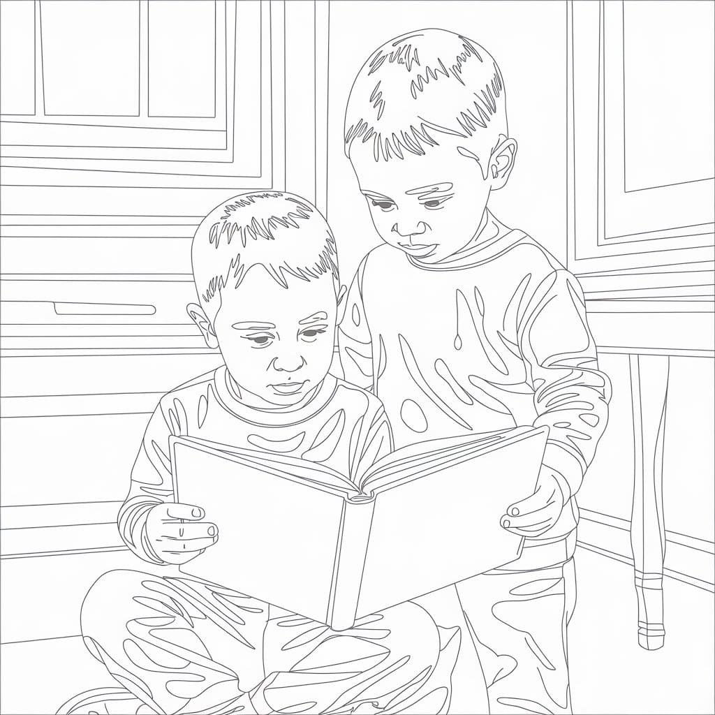 Desenho deDois Meninos estão Lendo para colorir