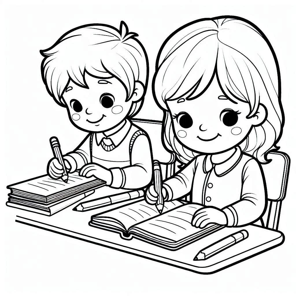 Desenho deDuas Crianças Estudando para colorir