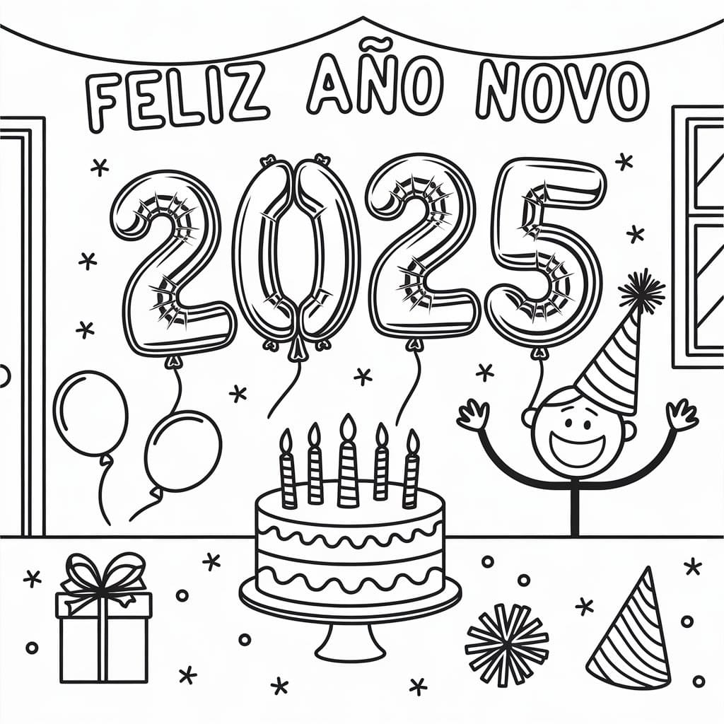 Desenho deFeliz Ano Novo 2025 Grátis Para Crianças para colorir