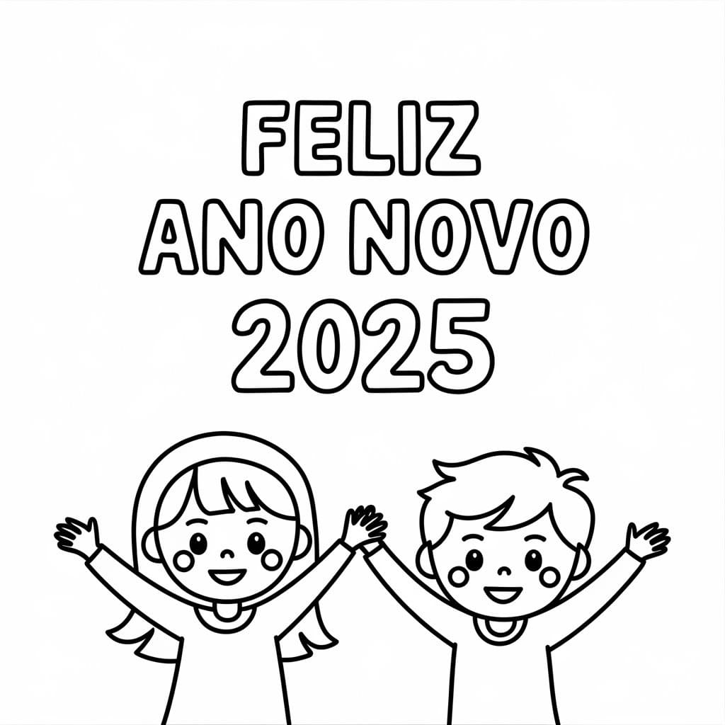 Desenho deFeliz Ano Novo 2025 com Crianças para colorir