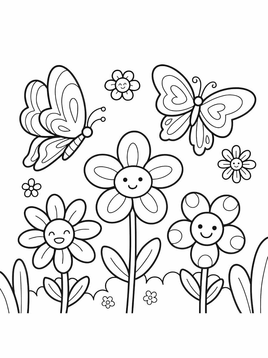 Desenho deFlores e Borboletas Fofas para colorir