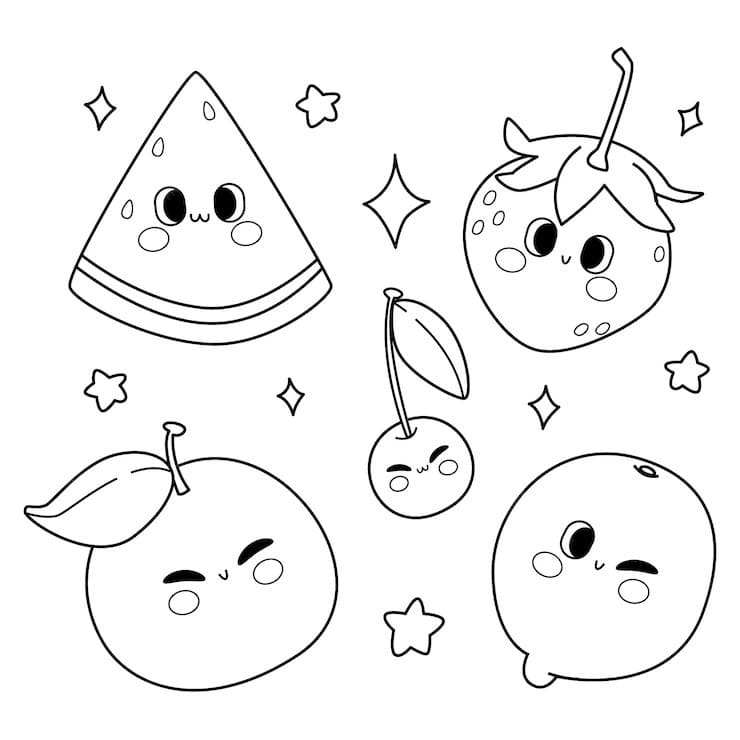 Desenho de Frutas Kawaii para colorir