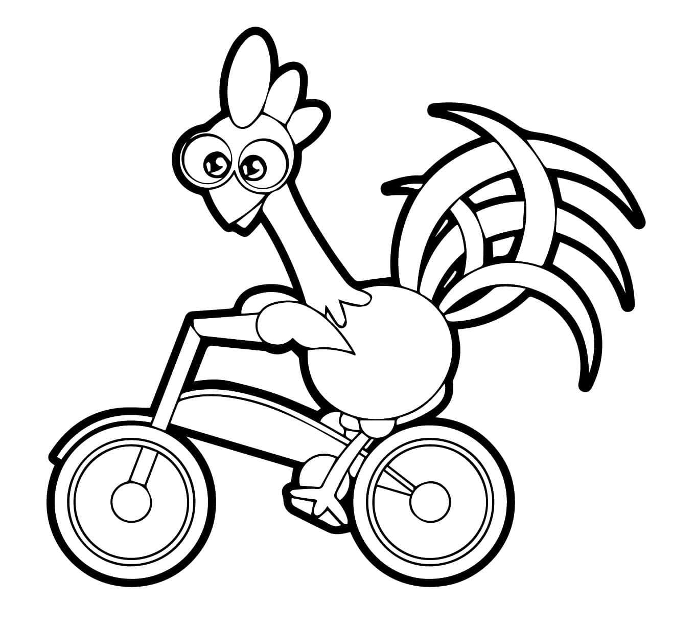 Desenho deGalo Carijó em uma Bicicleta para colorir