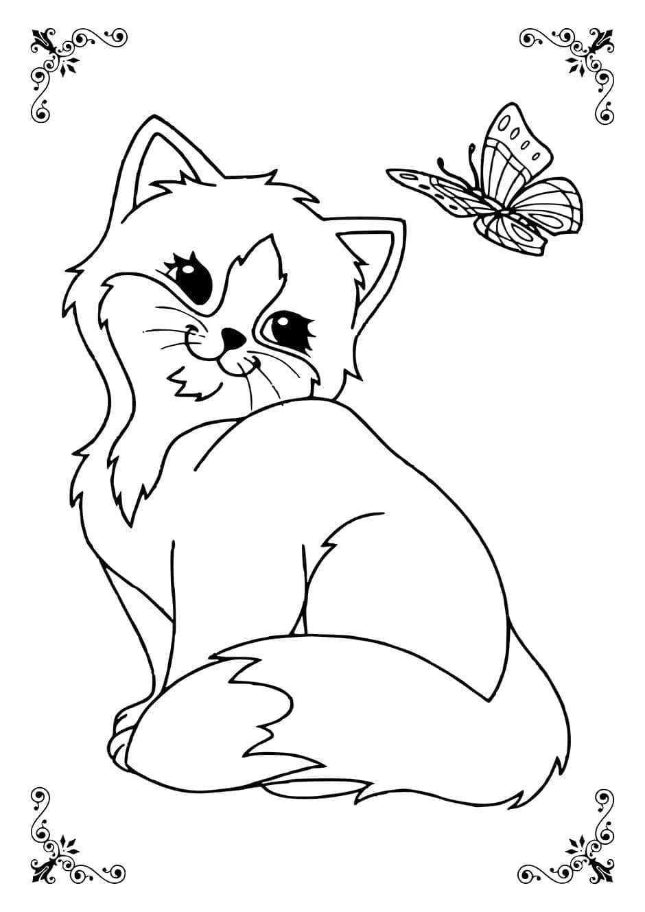 Desenho de Gatinho e Borboleta para colorir