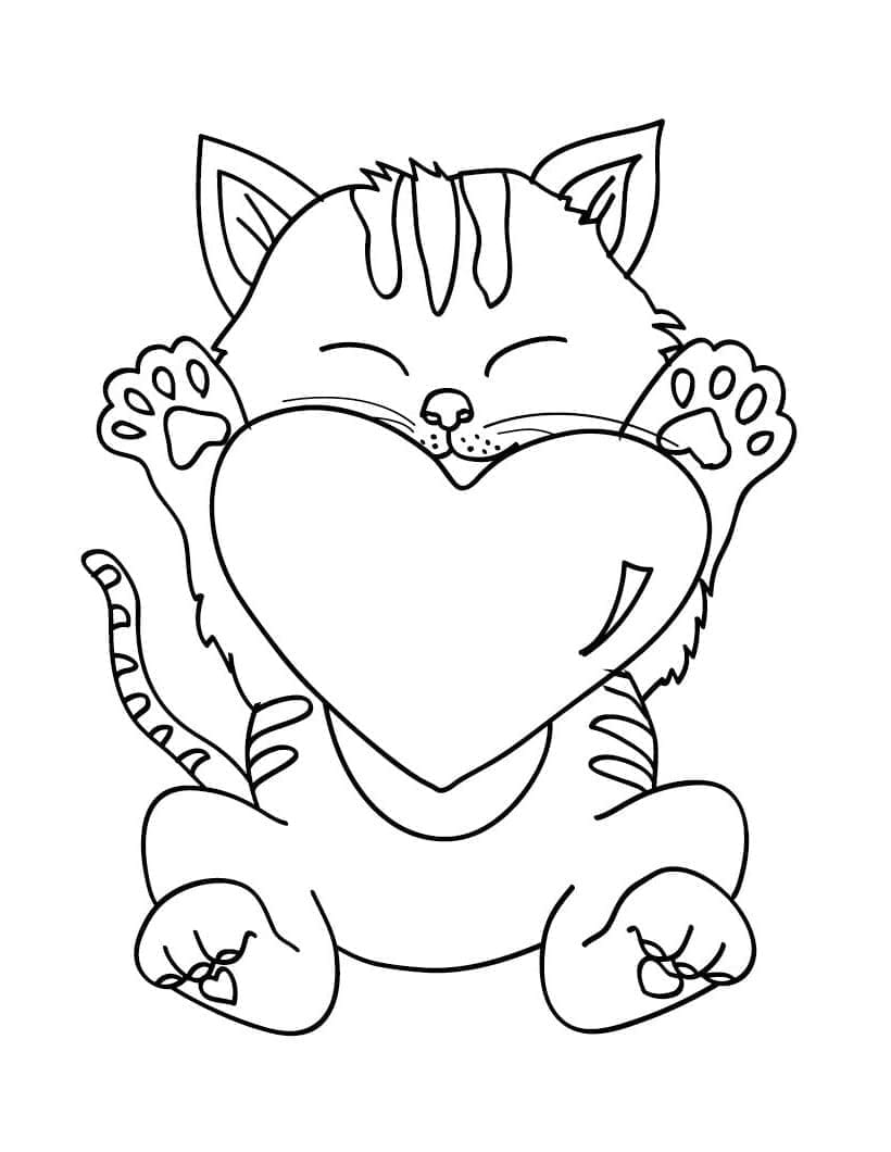 Desenho de Gatinho e Coração para colorir