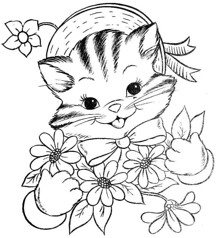 Desenho de Gatinho e Flores para colorir