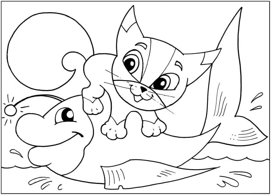 Desenho de Gatinho e Peixe para colorir