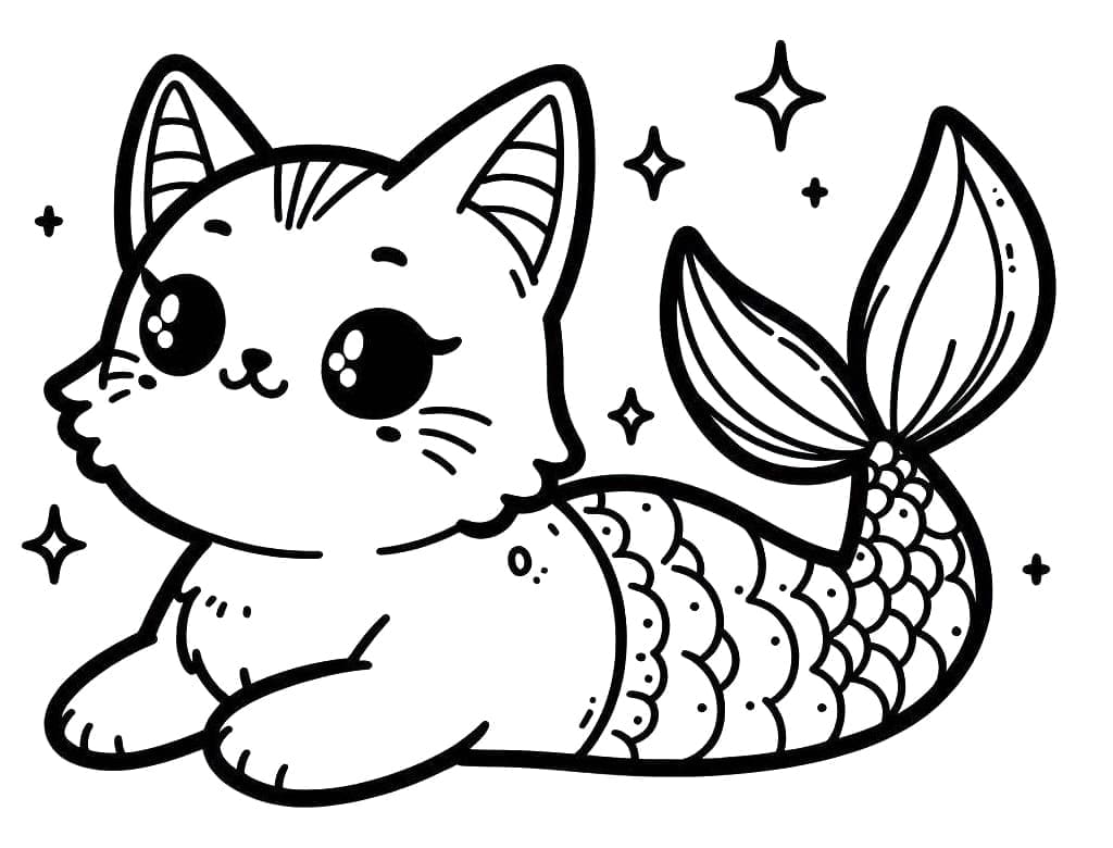 Desenho deGato Sereia Kawaii para colorir