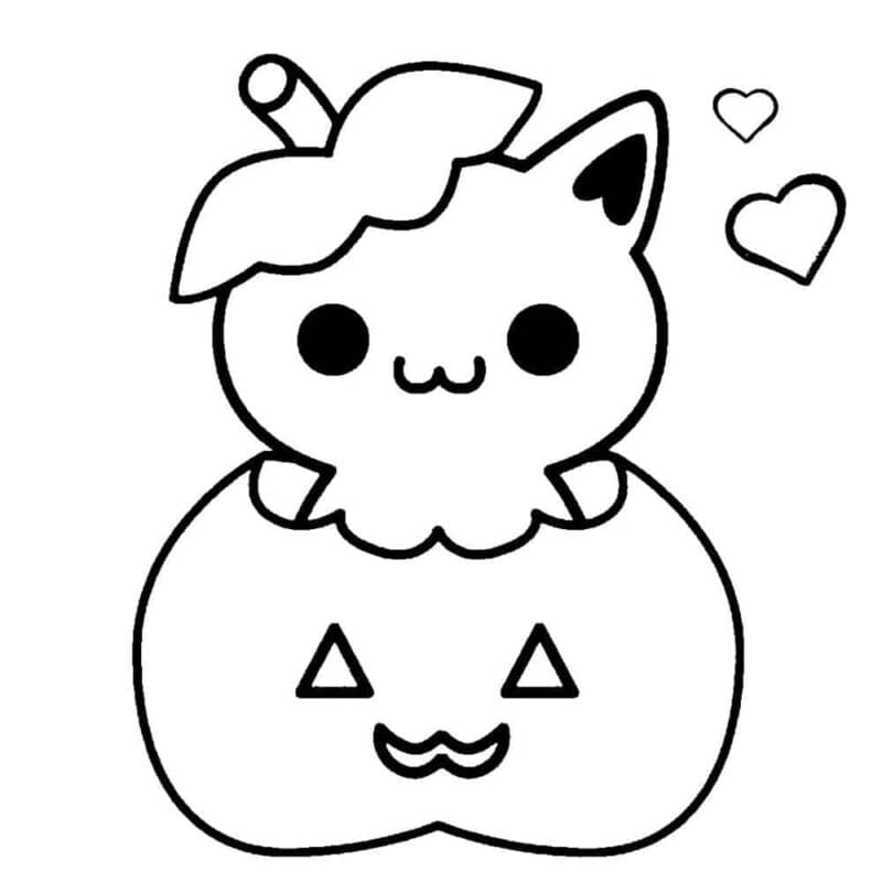 Desenho de Gato de Halloween Kawaii para colorir