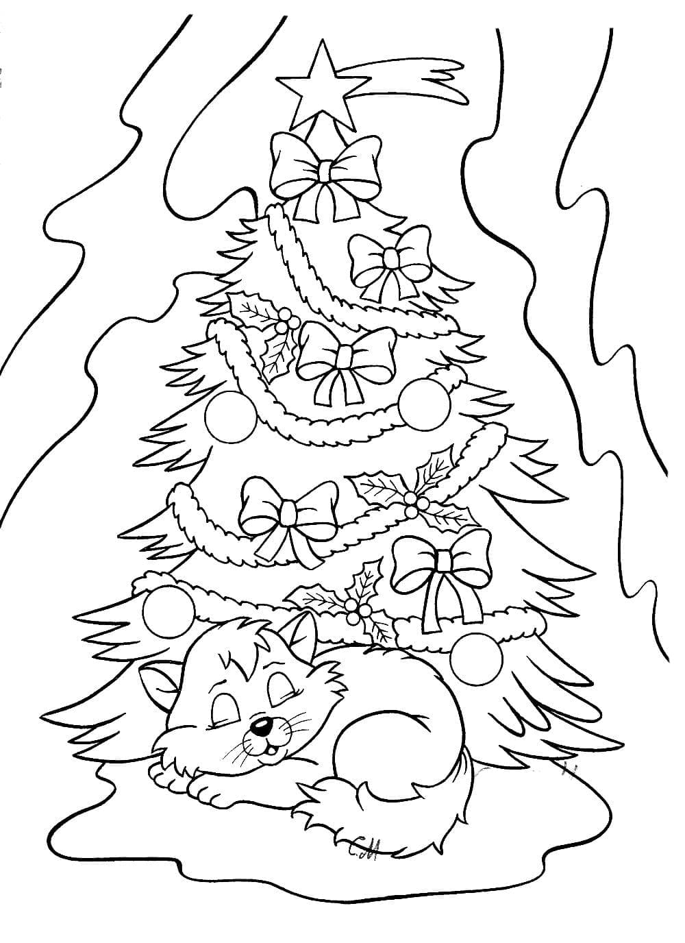 Desenho deGato e Árvore de Natal para colorir