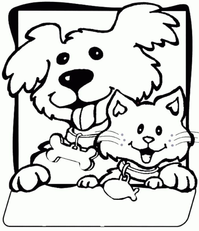 Desenho deGato e Cachorro Alegres para colorir