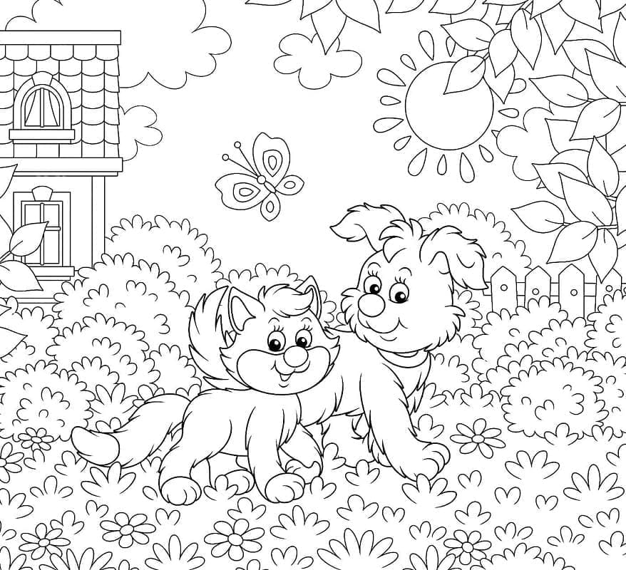 Desenho deGato e Cachorro Imprimível Para Crianças para colorir