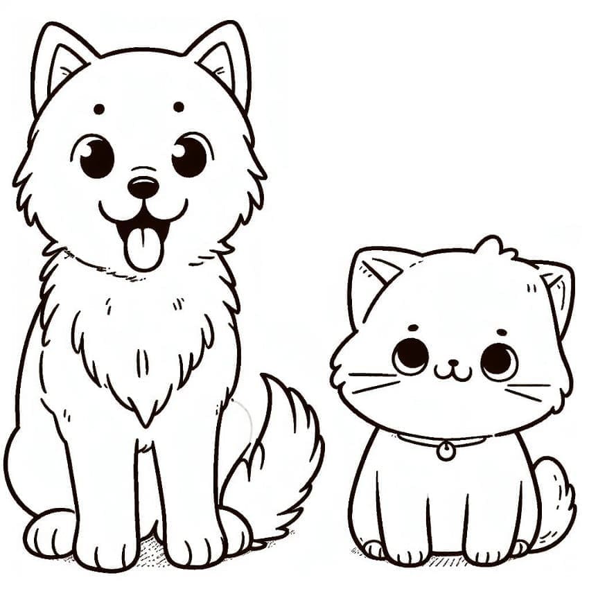 Desenho deGato e Cachorro Muito Alegres para colorir