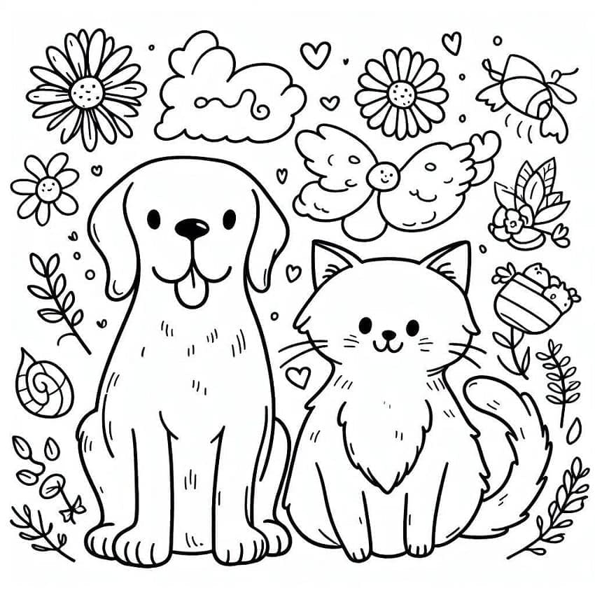 Desenho deGato e Cachorro Para Crianças de 4 Ano para colorir