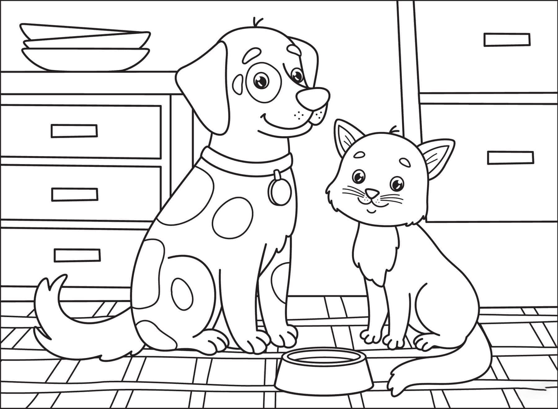 Desenho deGato e Cachorro Para Crianças de 5 Ano para colorir