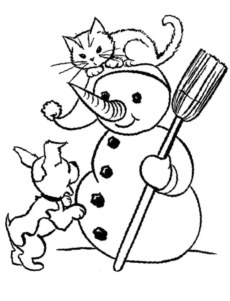 Desenho deGato e Cachorro com Boneco de Neve para colorir