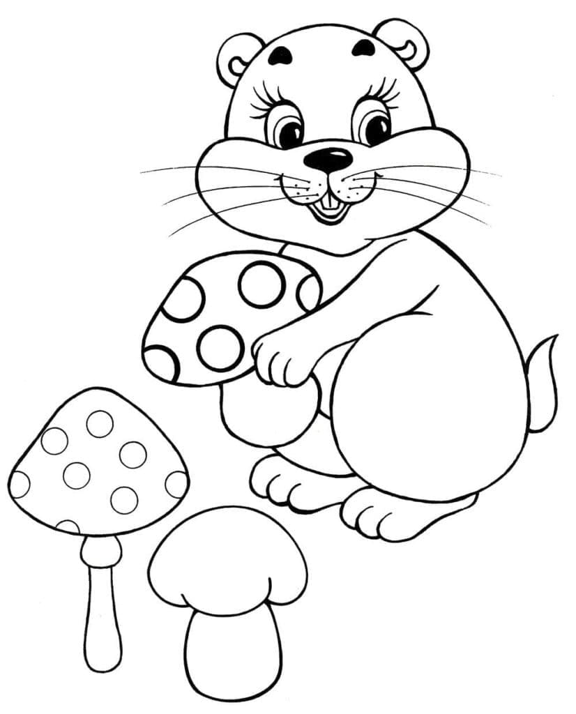 Desenho de Hamster e Cogumelos para colorir