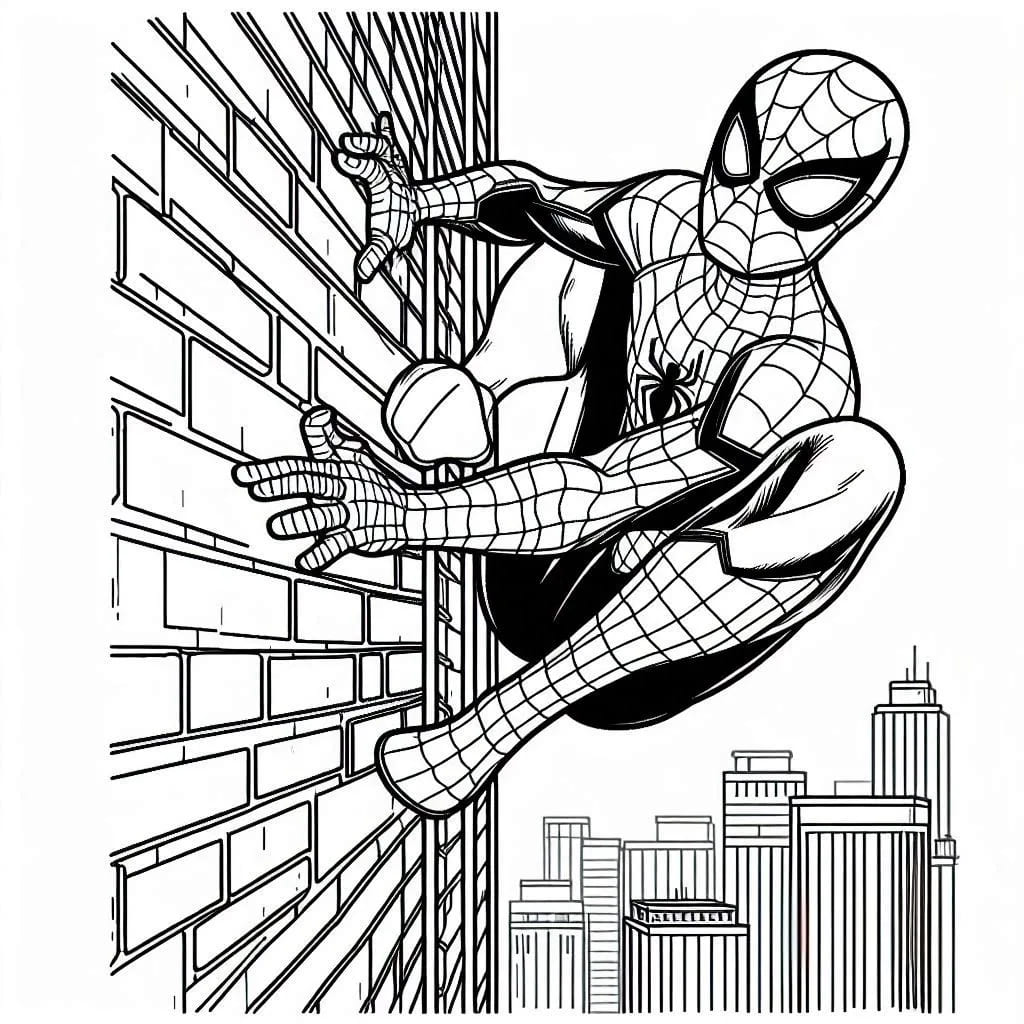 Desenho de Homem Aranha Sobe Na Parede para colorir