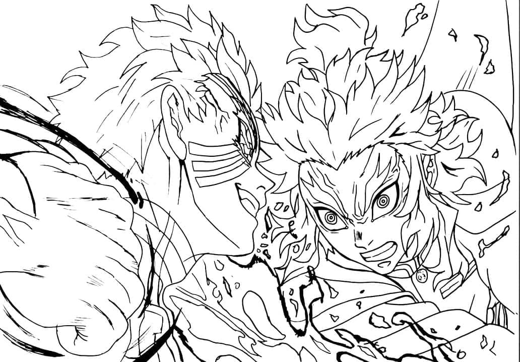 Desenho deKyojuro Rengoku vs Akaza para colorir