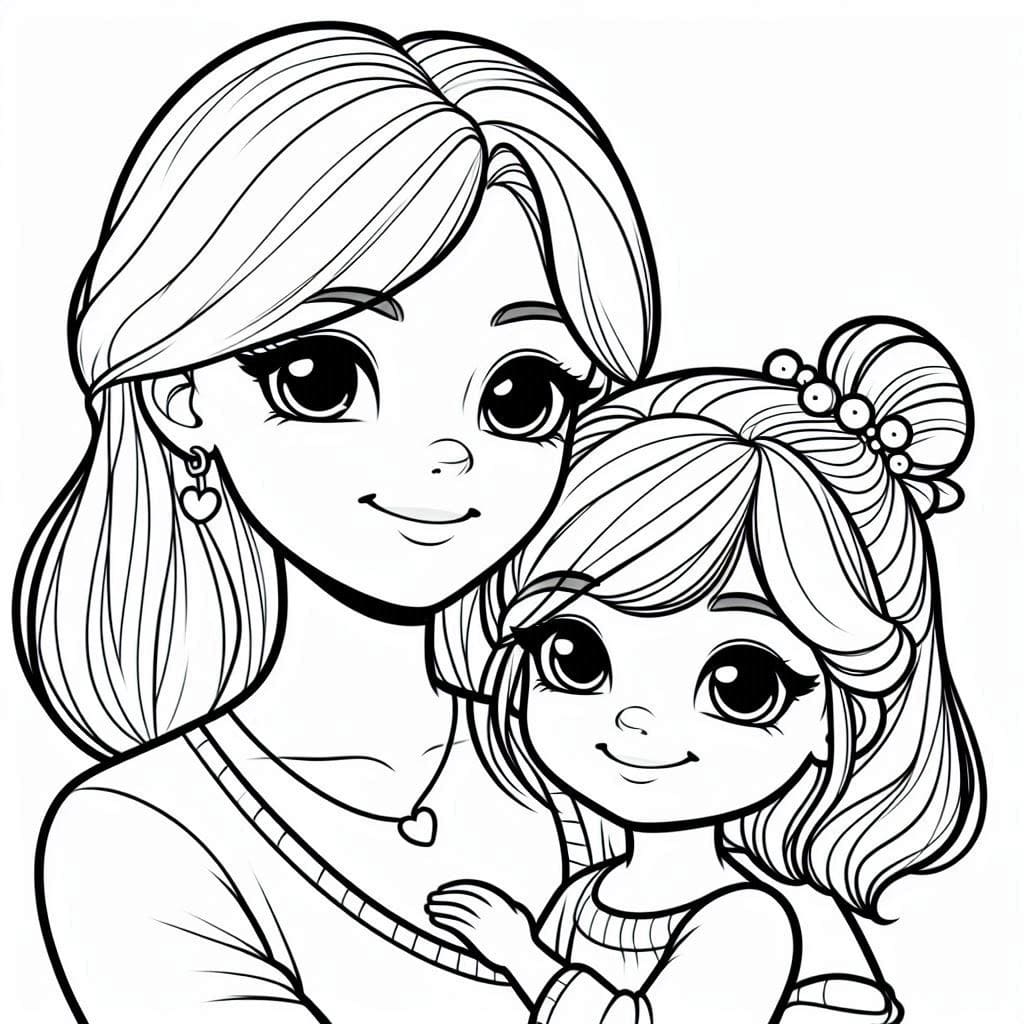 Desenho deMãe e Filha Para Crianças para colorir