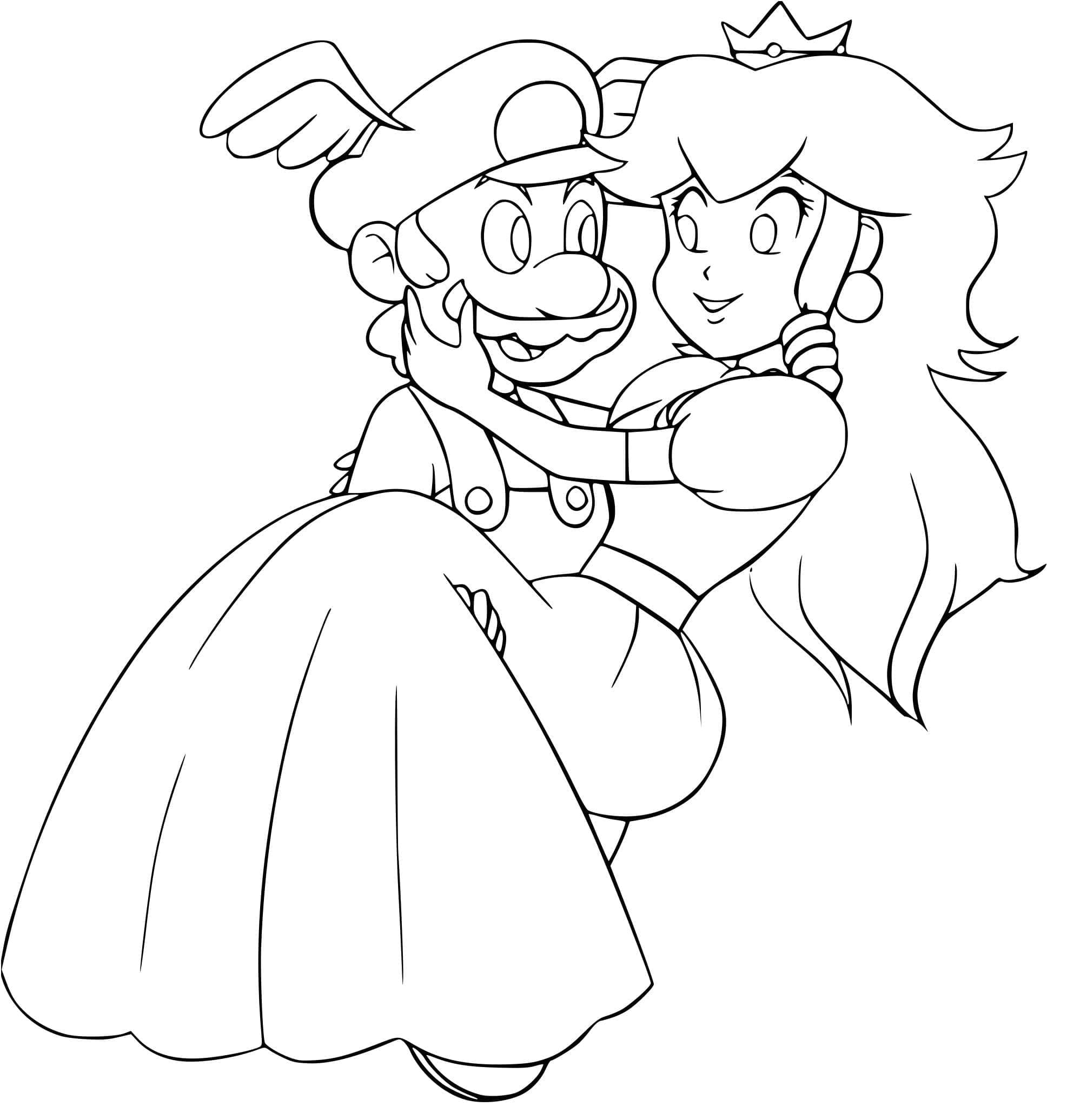 Desenho deMario com Princesa Peach para colorir